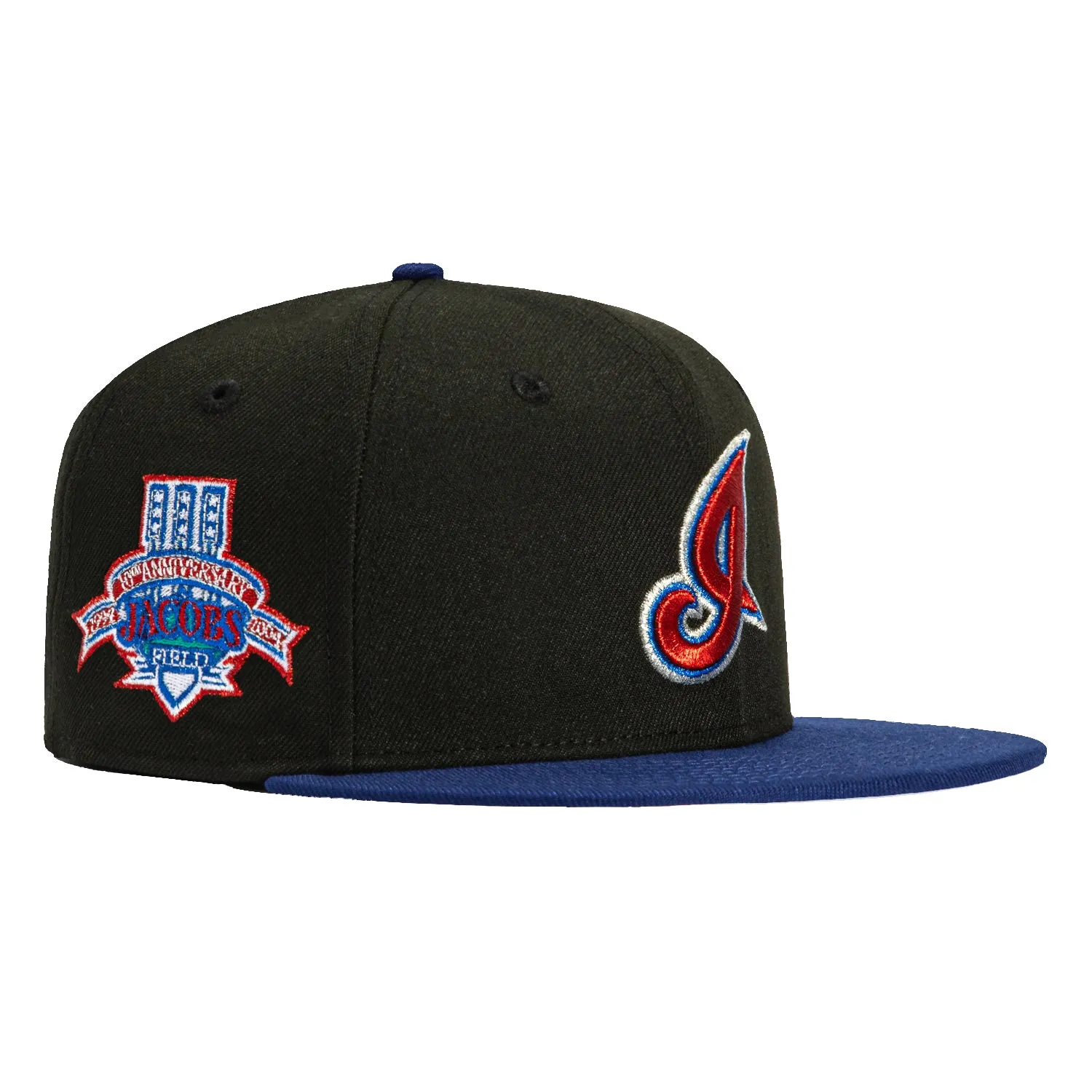 New Era 59Fifty Cleveland Indians 10th Anniversary Stadium Patch I Hat - Black. Royal. Red
