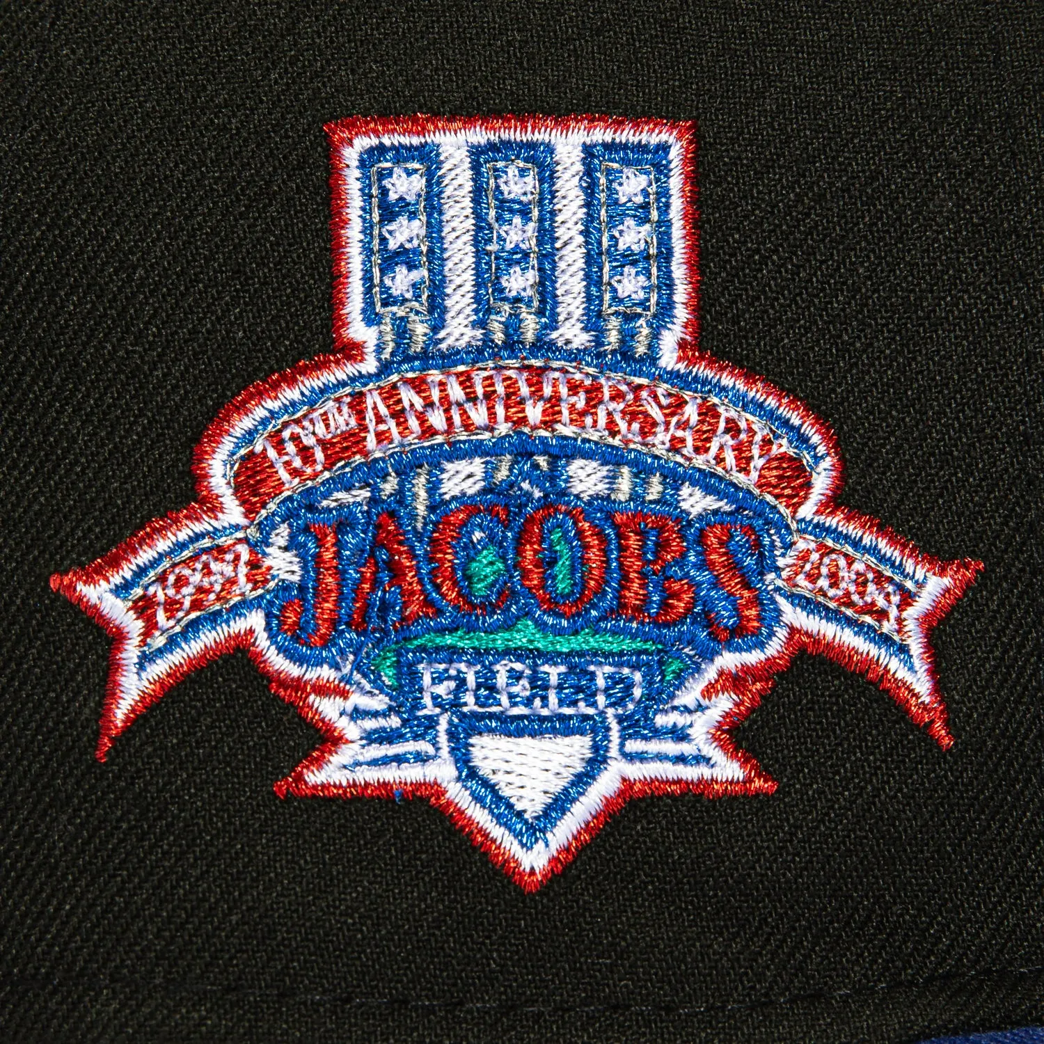 New Era 59Fifty Cleveland Indians 10th Anniversary Stadium Patch I Hat - Black. Royal. Red
