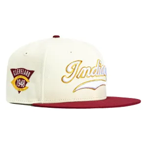 New Era 59Fifty Cleveland Indians 1948 Patch Script Hat - White. Cardinal