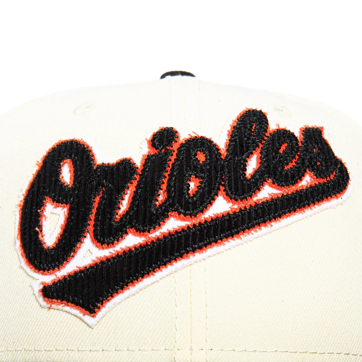 New Era 59Fifty Corduroy Script Baltimore Orioles 30th Anniversary Stadium Patch Hat - White. Black
