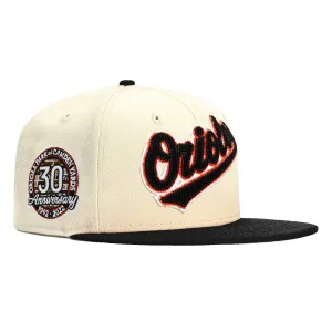New Era 59Fifty Corduroy Script Baltimore Orioles 30th Anniversary Stadium Patch Hat - White. Black
