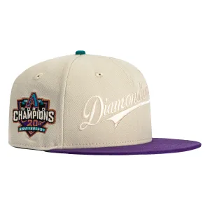 New Era 59Fifty Flawless Script Arizona Diamondbacks 20th Anniversary Champions Patch Hat - Stone. Purple