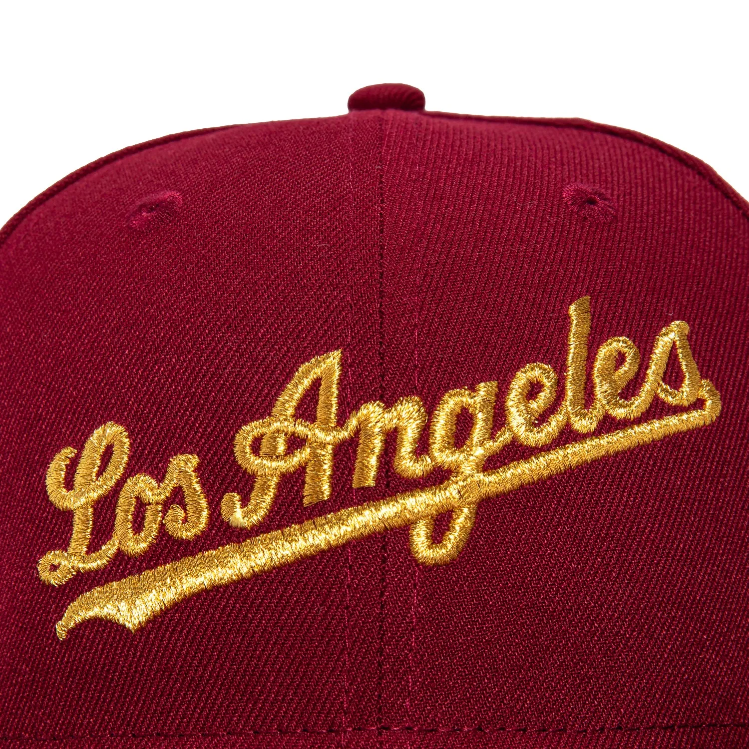New Era 59Fifty Hispanic Los Angeles Dodgers Viva Los Dodgers Patch Script Hat - Cardinal. Metallic Gold