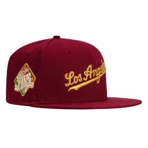 New Era 59Fifty Hispanic Los Angeles Dodgers Viva Los Dodgers Patch Script Hat - Cardinal. Metallic Gold