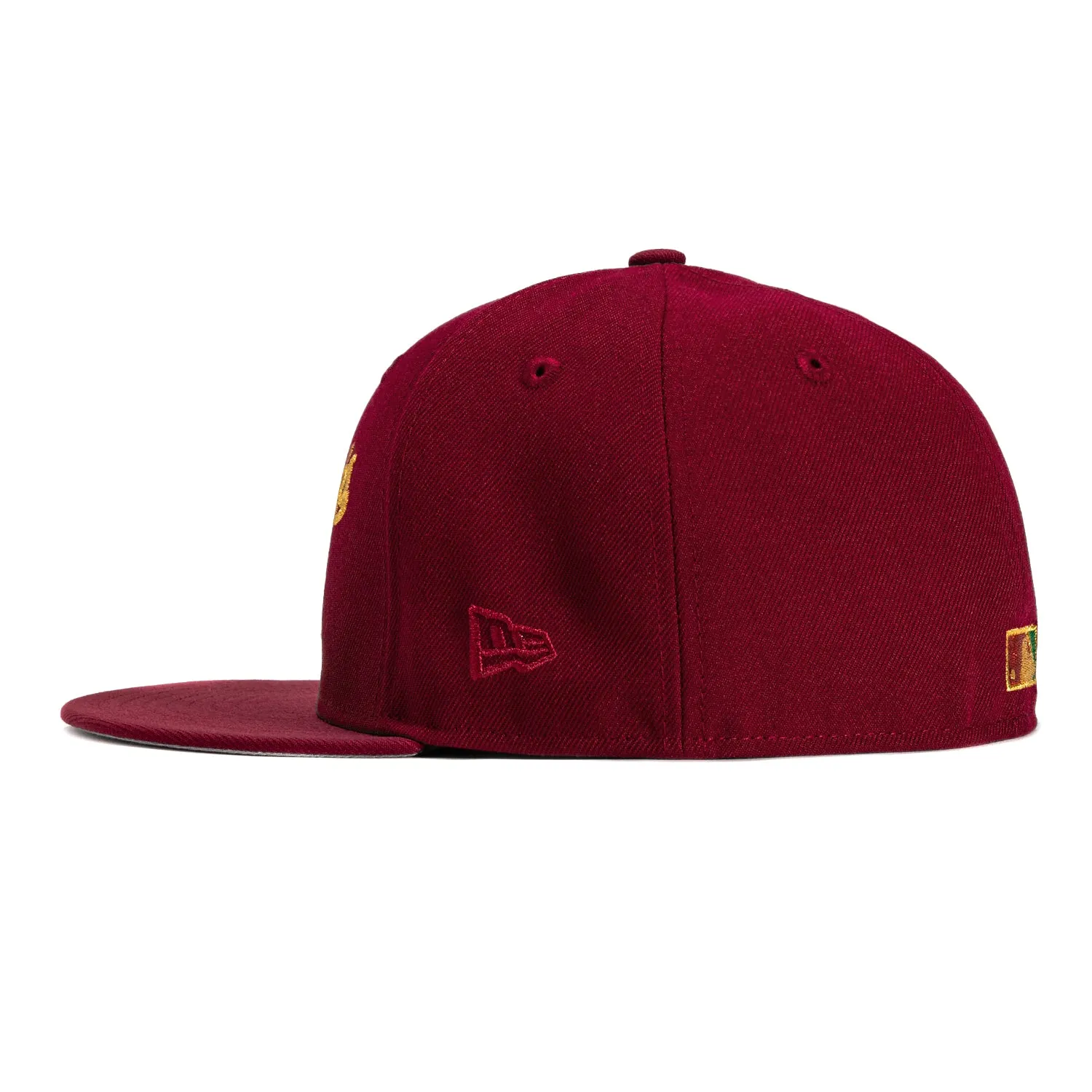 New Era 59Fifty Hispanic Los Angeles Dodgers Viva Los Dodgers Patch Script Hat - Cardinal. Metallic Gold