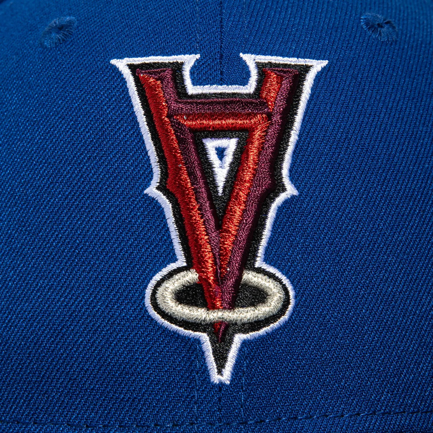 New Era 59Fifty Los Angeles Angels 50th Anniversary Stadium Patch Upside Down Hat - Royal. Black. Metallic Silver. Red