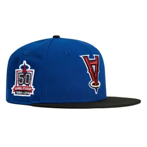 New Era 59Fifty Los Angeles Angels 50th Anniversary Stadium Patch Upside Down Hat - Royal. Black. Metallic Silver. Red