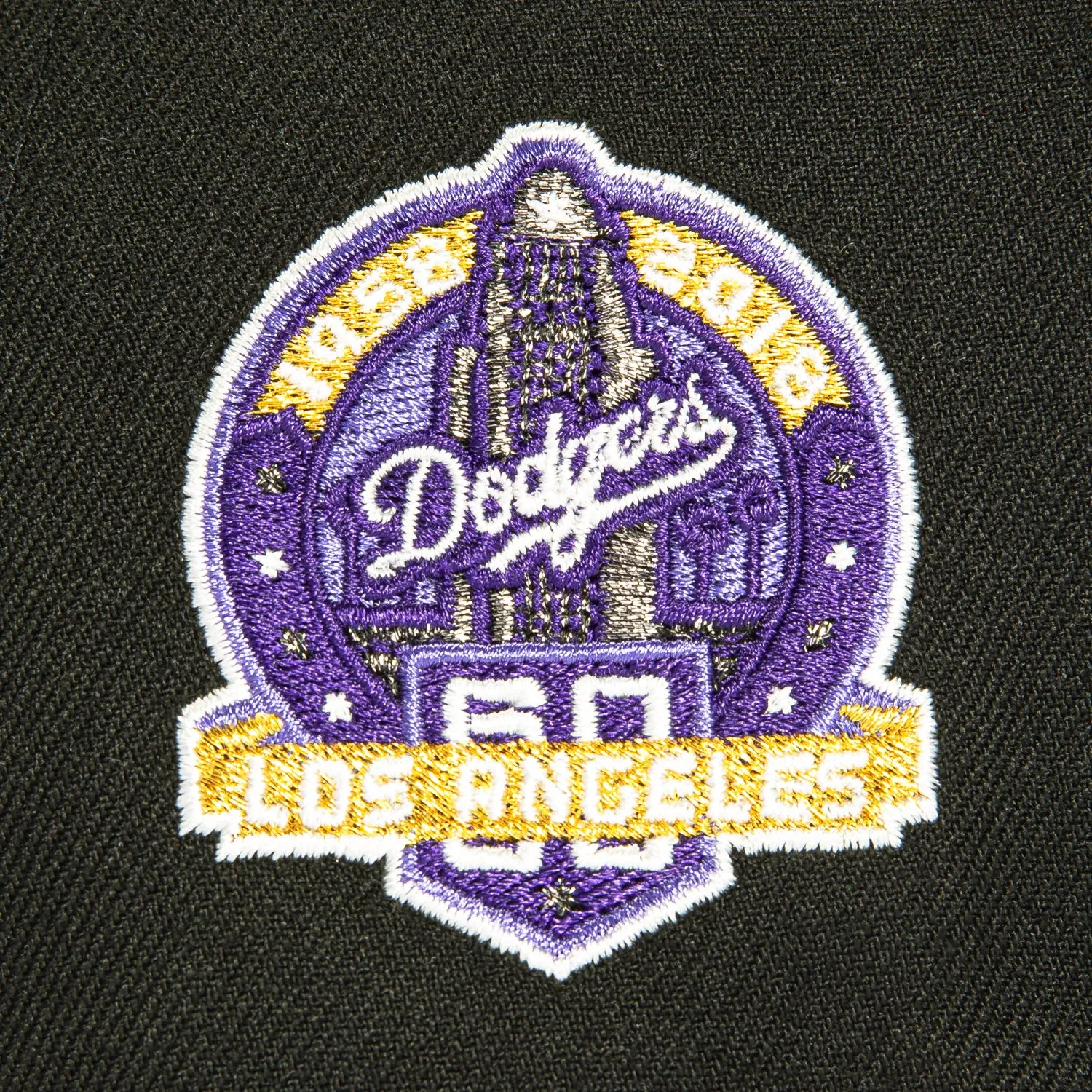 New Era 59Fifty Los Angeles Dodgers 60th Anniversary Script Patch Hat - Black. Purple. Metallic Gold
