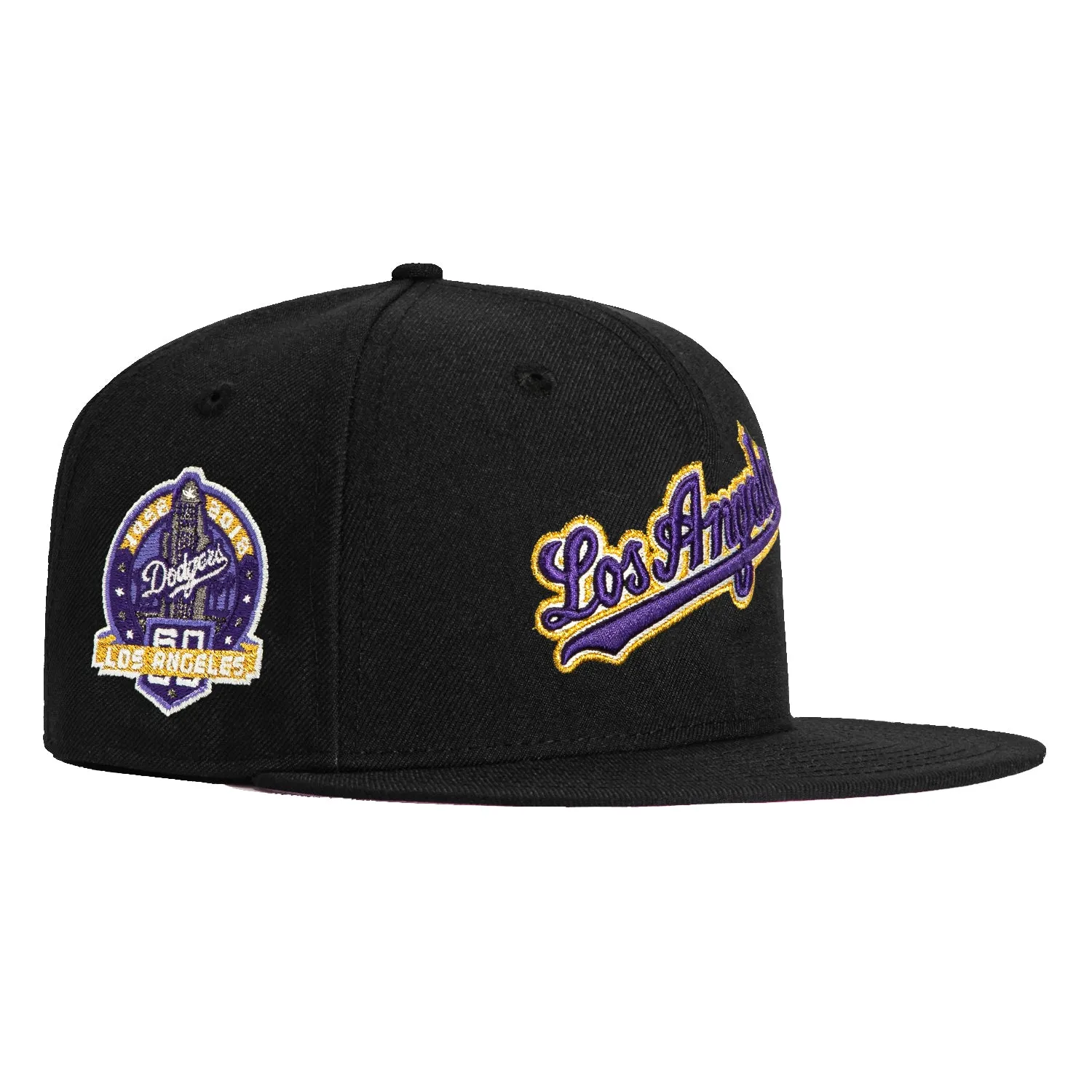 New Era 59Fifty Los Angeles Dodgers 60th Anniversary Script Patch Hat - Black. Purple. Metallic Gold