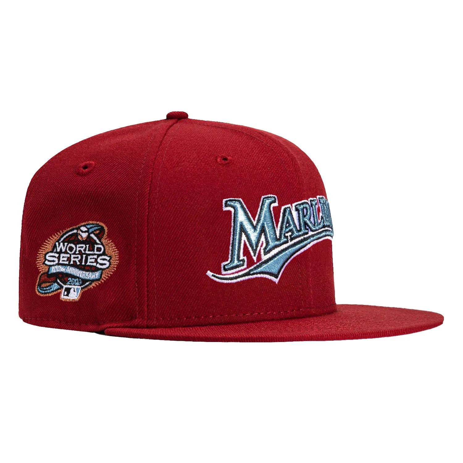 New Era 59Fifty Miami Marlins 2003 World Series Patch Word Hat - Brick, Light Blue