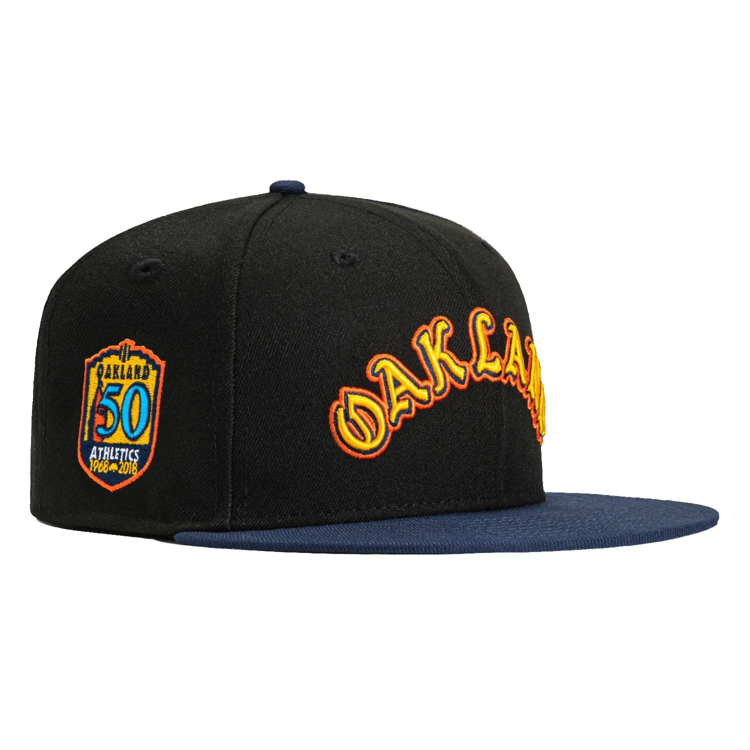 New Era 59Fifty Oakland Athletics 50th Anniversary Patch Word Hat - Black. Navy. Gold. Orange