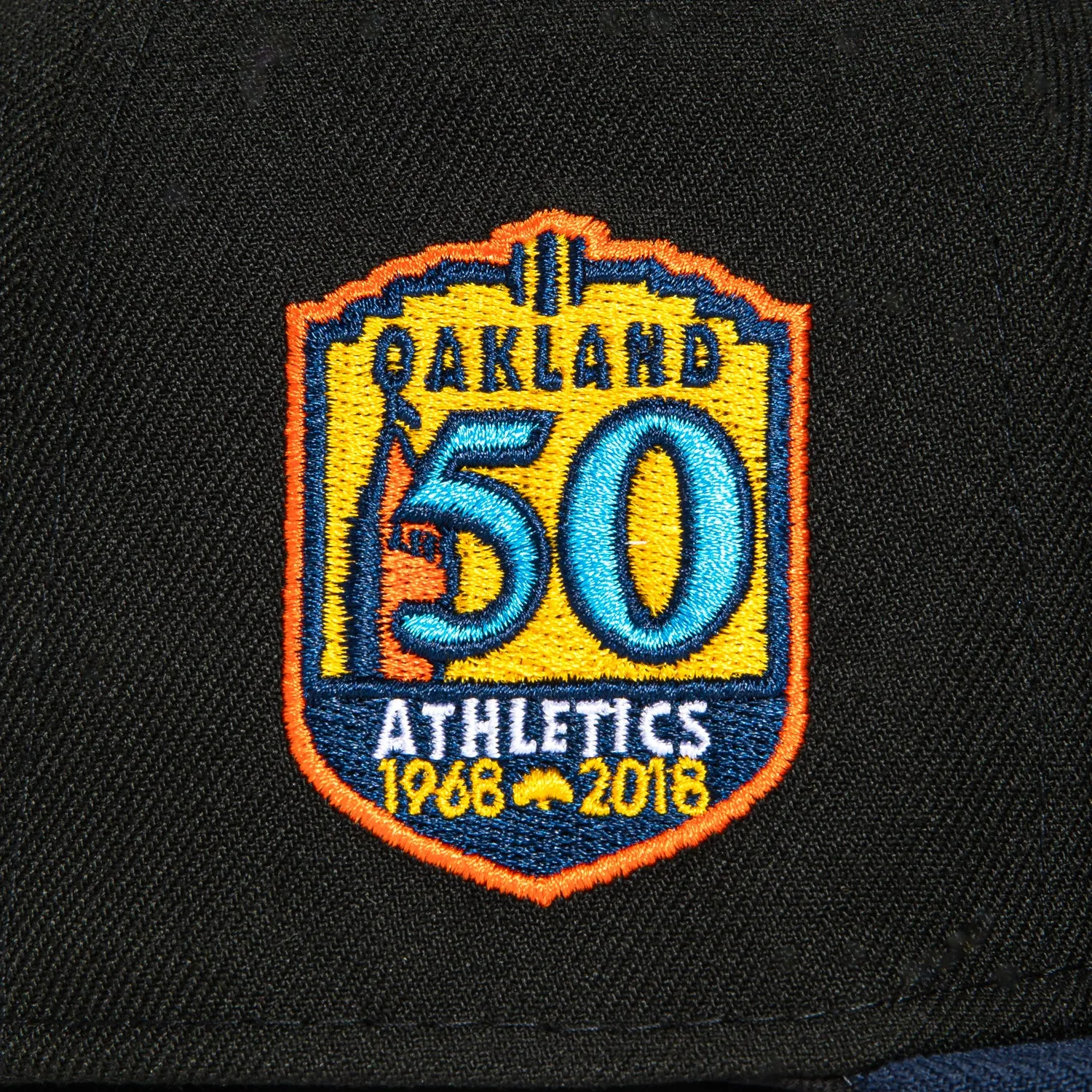 New Era 59Fifty Oakland Athletics 50th Anniversary Patch Word Hat - Black. Navy. Gold. Orange