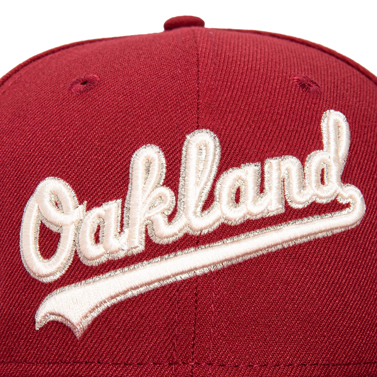 New Era 59Fifty Oakland Athletics Battle of the Bay Patch Script Hat - Cardinal. Ivory. Metallic Silver