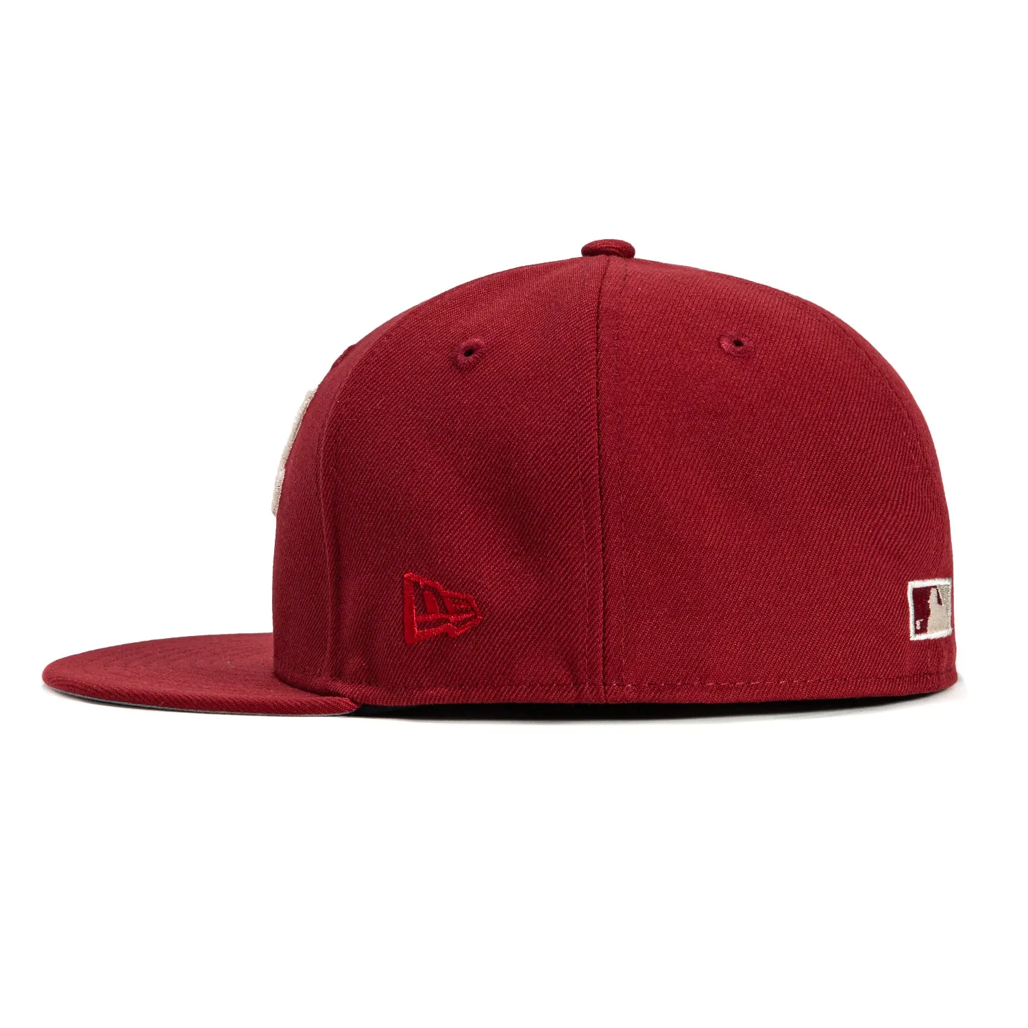 New Era 59Fifty Oakland Athletics Battle of the Bay Patch Script Hat - Cardinal. Ivory. Metallic Silver