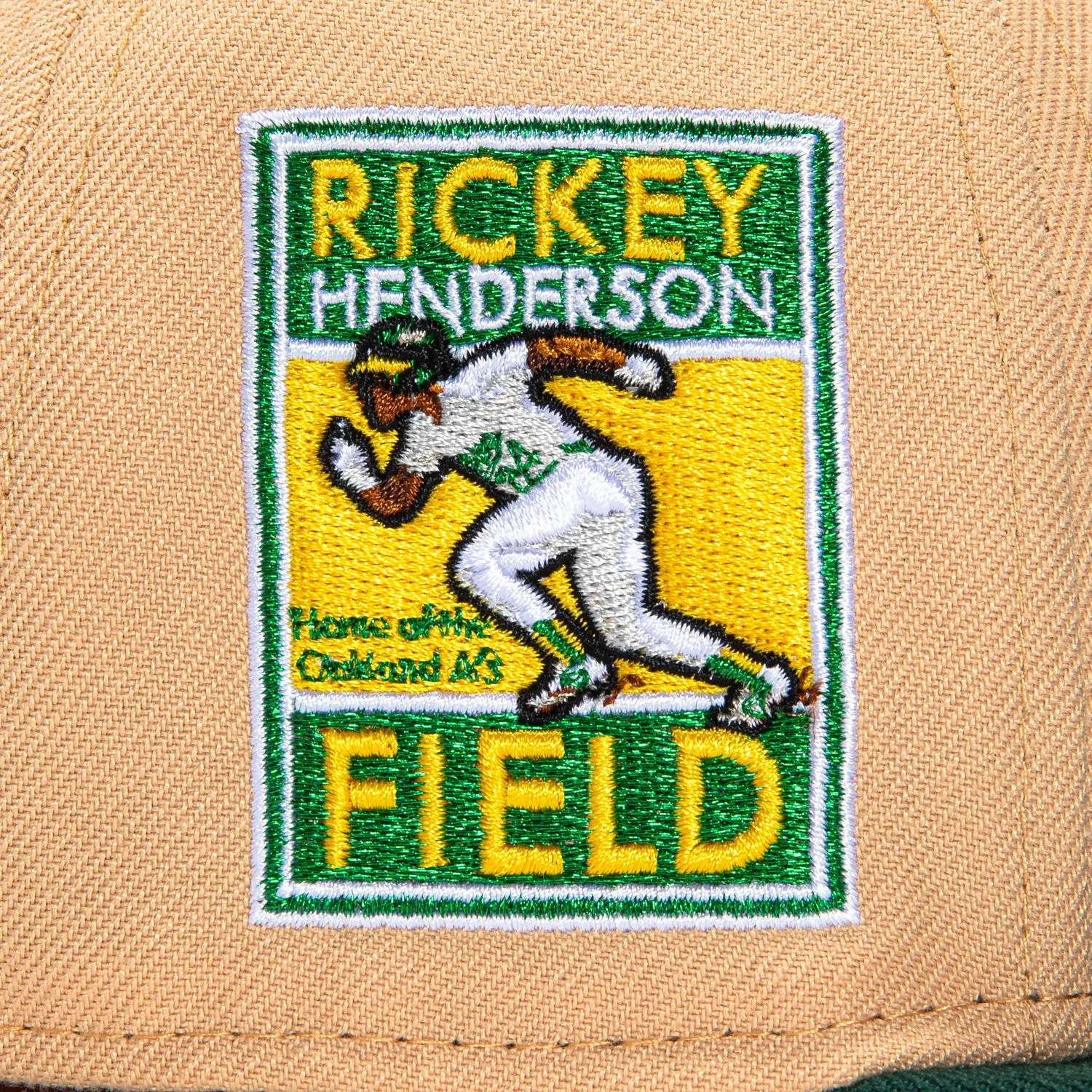 New Era 59Fifty Oakland Athletics Rickey Henderson Field Patch Script Hat - Khaki. Green