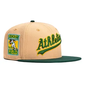New Era 59Fifty Oakland Athletics Rickey Henderson Field Patch Script Hat - Khaki. Green