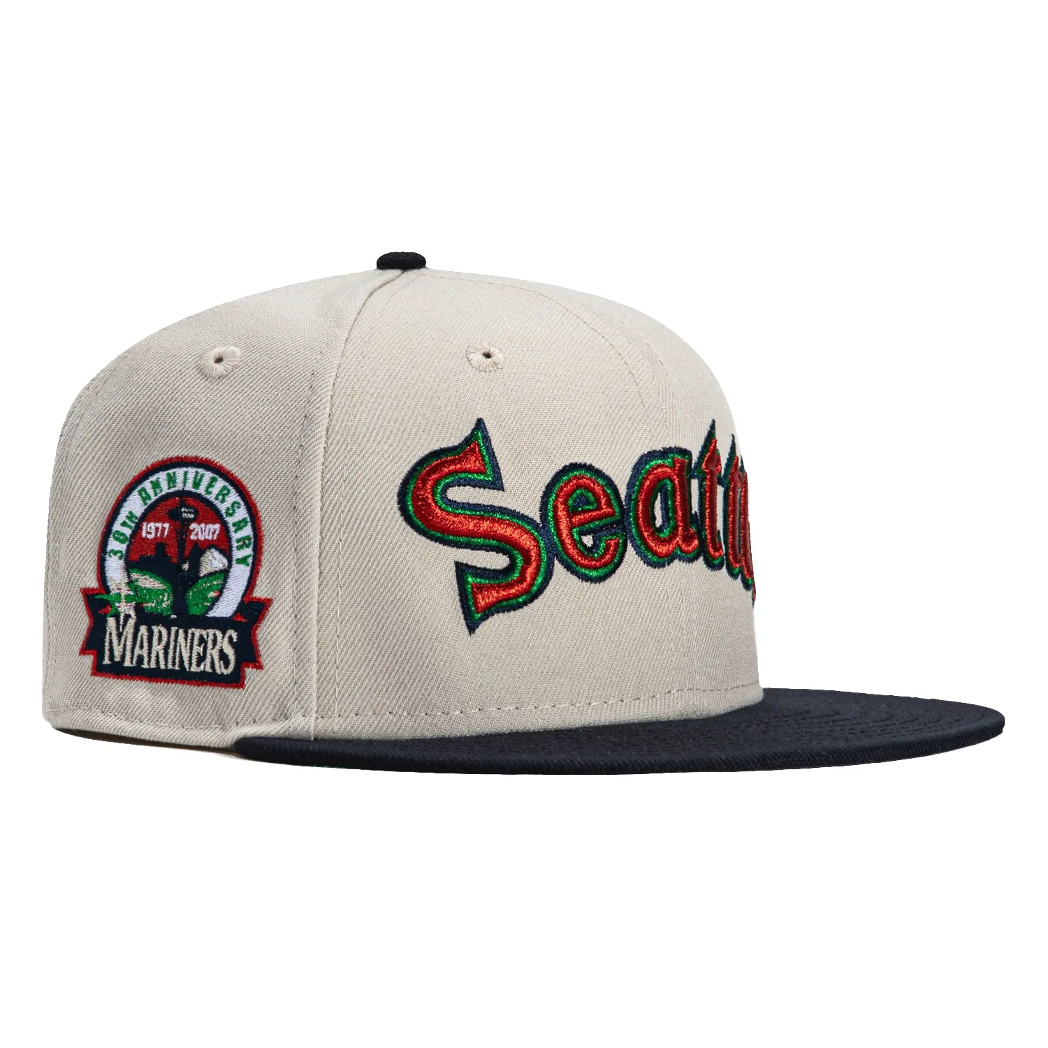 New Era 59Fifty Seattle Mariners 30th Anniversary Patch Word Hat - Stone, Navy, Red