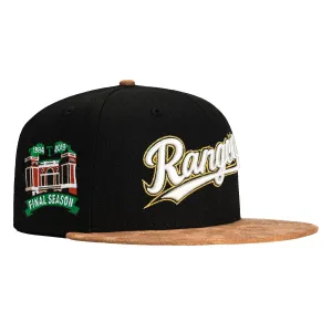 New Era 59Fifty Suede Visor Texas Rangers Final Season Patch Hat - Black. Tan
